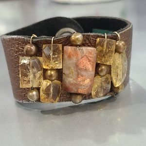 Bronze leather and semi precious stones bracelet